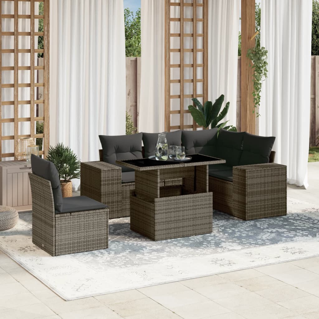 6-tlg. Garten-Sofagarnitur mit Kissen Grau Poly Rattan