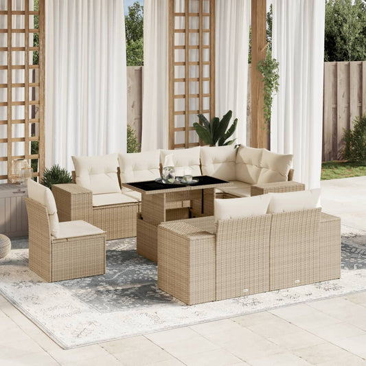 9-tlg. Garten-Sofagarnitur mit Kissen Beige Poly Rattan