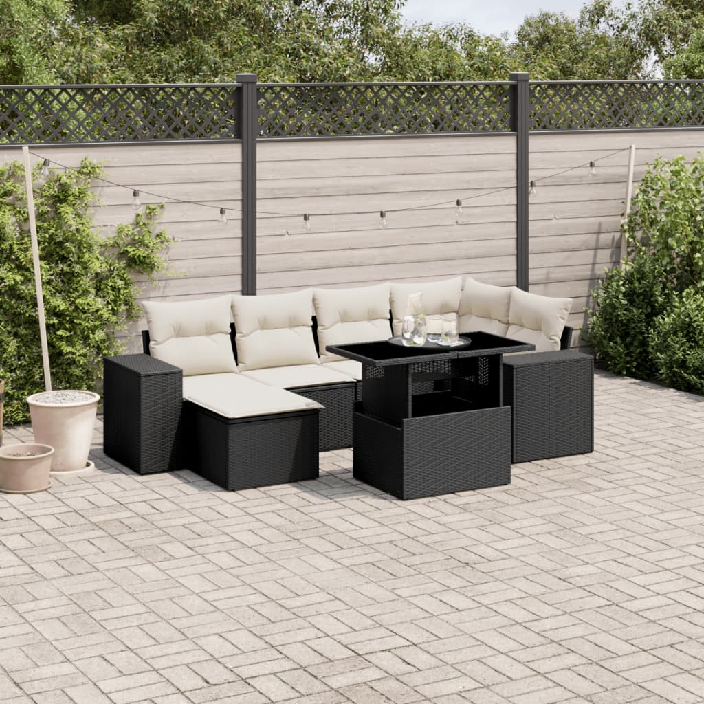 7-tlg. Garten-Sofagarnitur mit Kissen Schwarz Poly Rattan