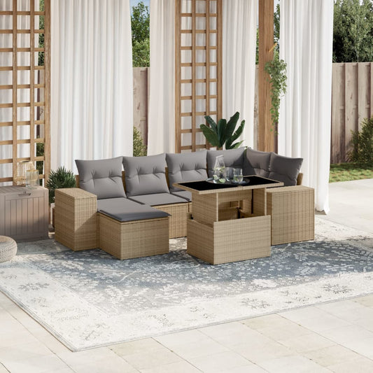 7-tlg. Garten-Sofagarnitur mit Kissen Beige Poly Rattan