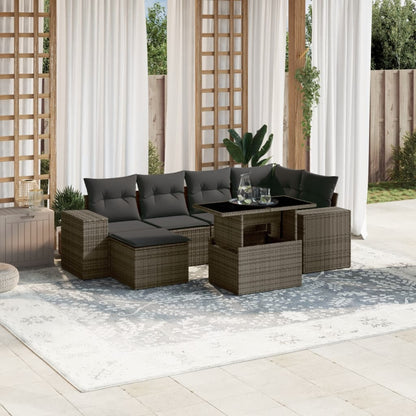 7-tlg. Garten-Sofagarnitur mit Kissen Grau Poly Rattan