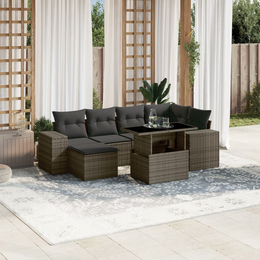 7-tlg. Garten-Sofagarnitur mit Kissen Grau Poly Rattan