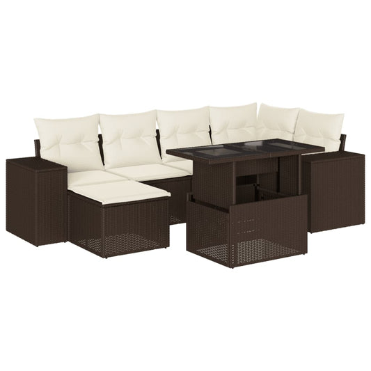 7-tlg. Garten-Sofagarnitur mit Kissen Braun Poly Rattan