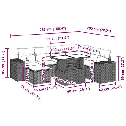 8-teiliges Gartensofa-Set mit Kissen, schwarzes Polyrattan