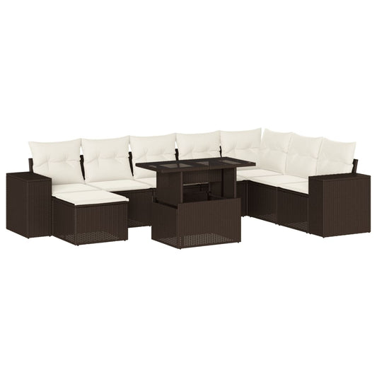 9-tlg. Garten-Sofagarnitur mit Kissen Braun Poly Rattan