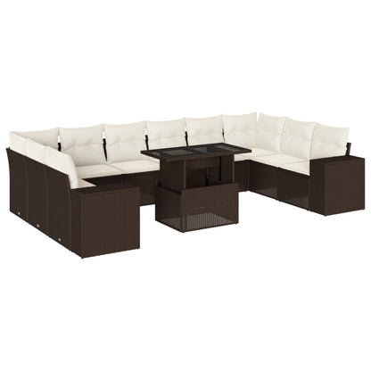 11-tlg. Garten-Sofagarnitur mit Kissen Braun Poly Rattan