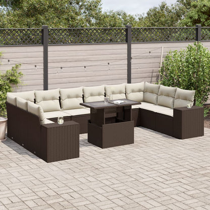 11-tlg. Garten-Sofagarnitur mit Kissen Braun Poly Rattan