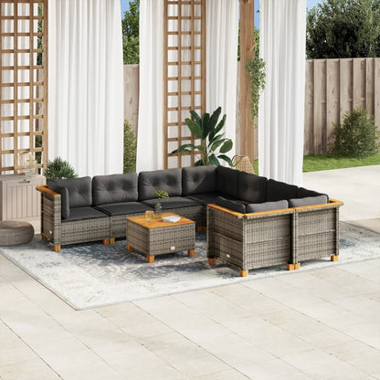 9-tlg. Garten-Sofagarnitur mit Kissen Grau Poly Rattan