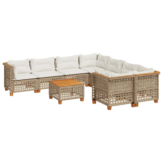 9-tlg. Garten-Sofagarnitur mit Kissen Beige Poly Rattan