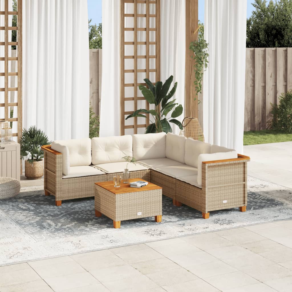 6-tlg. Garten-Sofagarnitur mit Kissen Beige Poly Rattan