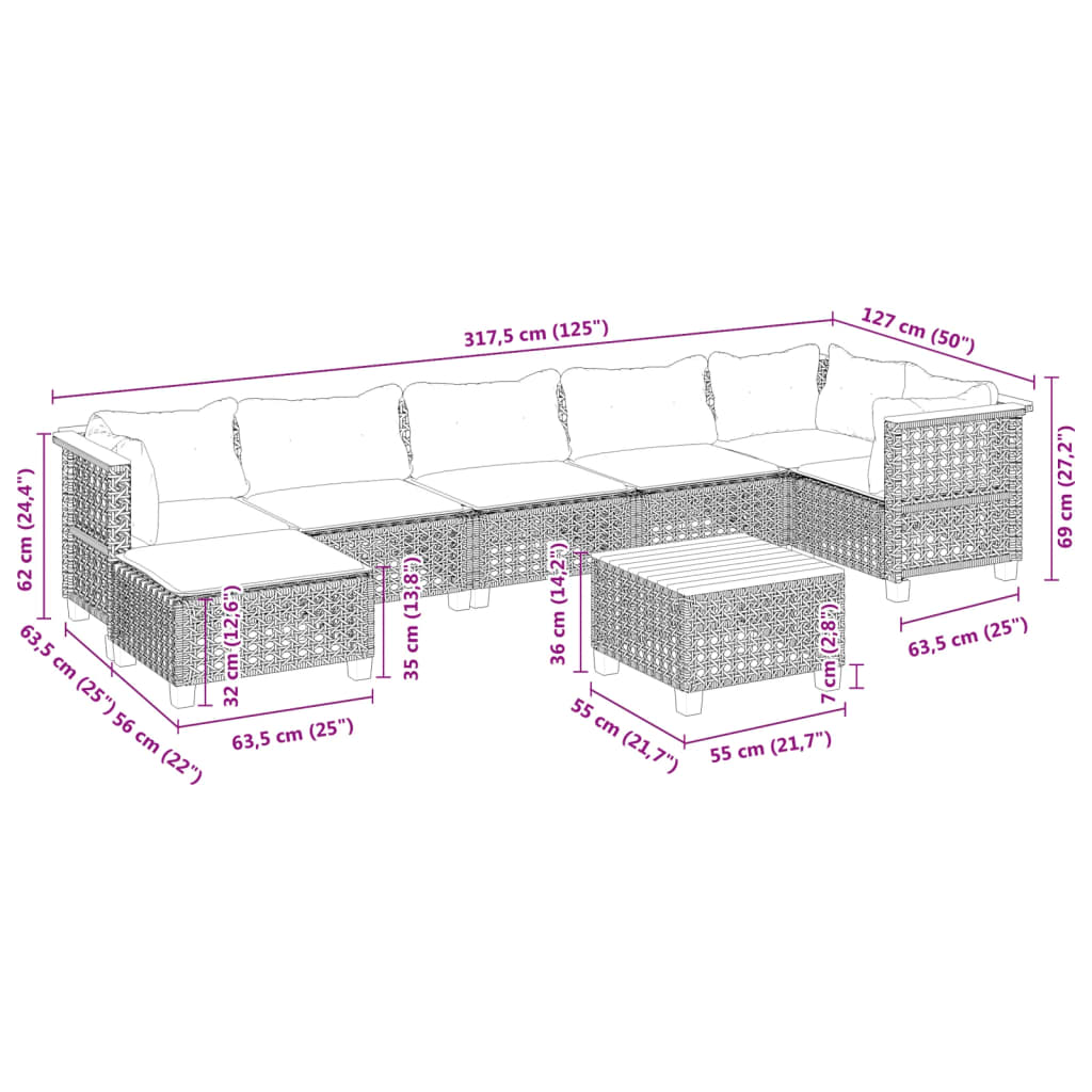 8-tlg. Garten-Sofagarnitur mit Kissen Schwarz Poly Rattan