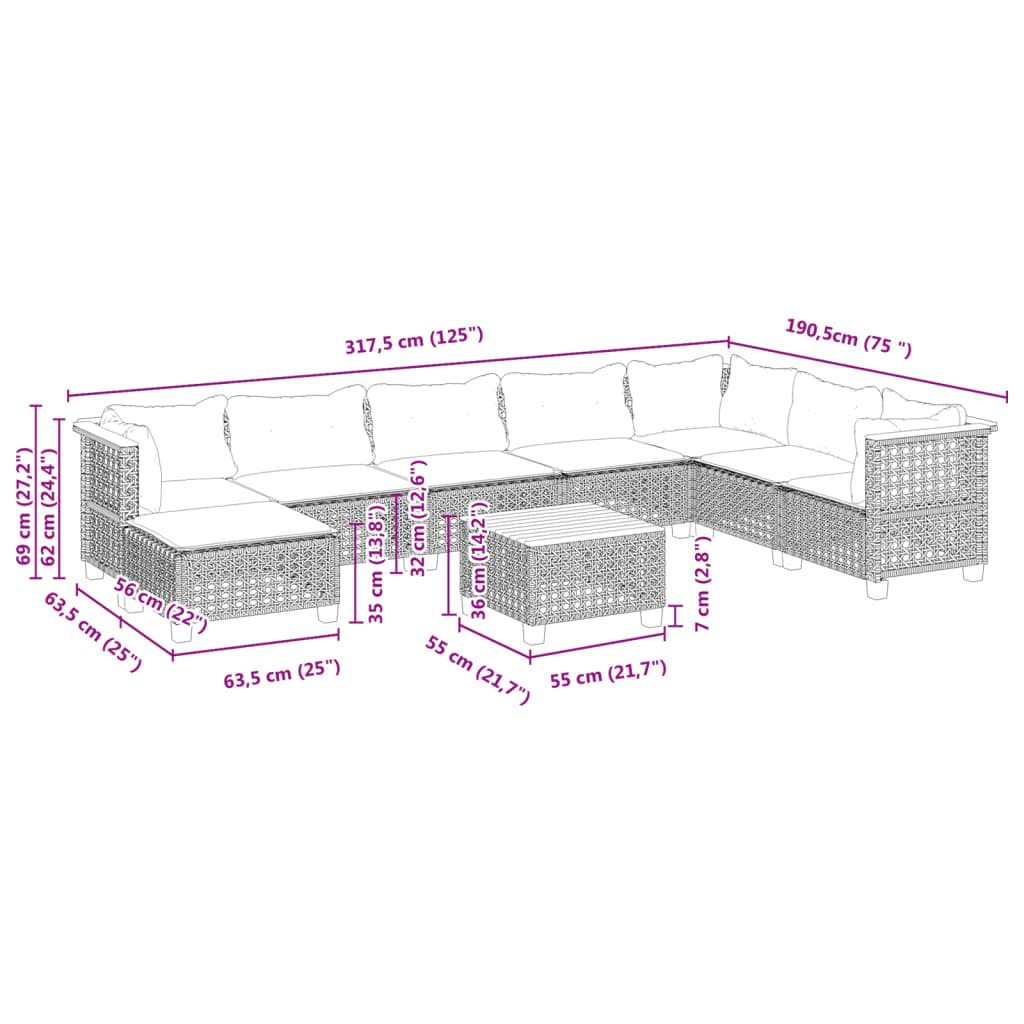9-tlg. Garten-Sofagarnitur mit Kissen Schwarz Poly Rattan