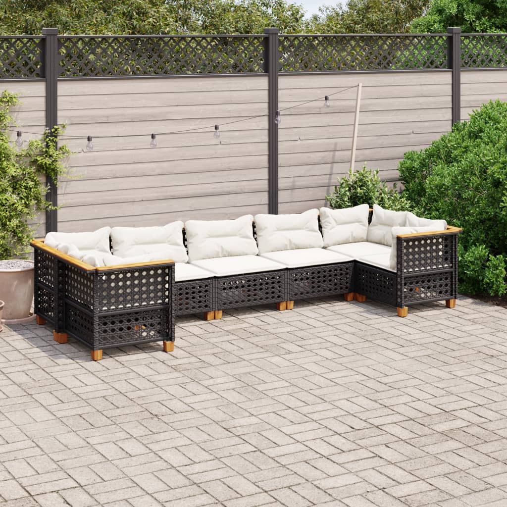 7-tlg. Garten-Sofagarnitur mit Kissen Schwarz Poly Rattan