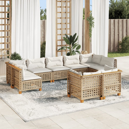 9-tlg. Garten-Sofagarnitur mit Kissen Beige Poly Rattan