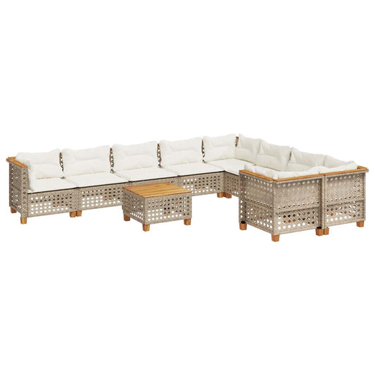 10-tlg. Garten-Sofagarnitur mit Kissen Beige Poly Rattan