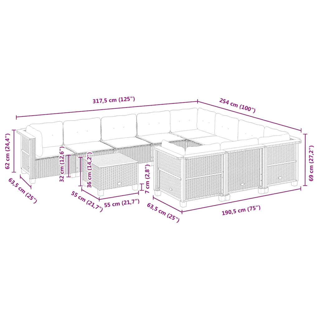 11-tlg. Garten-Sofagarnitur mit Kissen Beige Poly Rattan