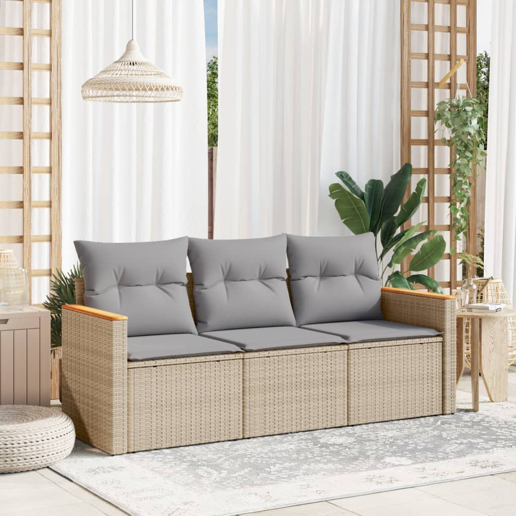 3-tlg. Garten-Sofagarnitur mit Kissen Beige Poly Rattan