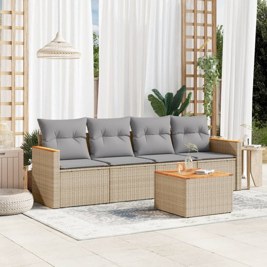 5-tlg. Garten-Sofagarnitur mit Kissen Beige Poly Rattan