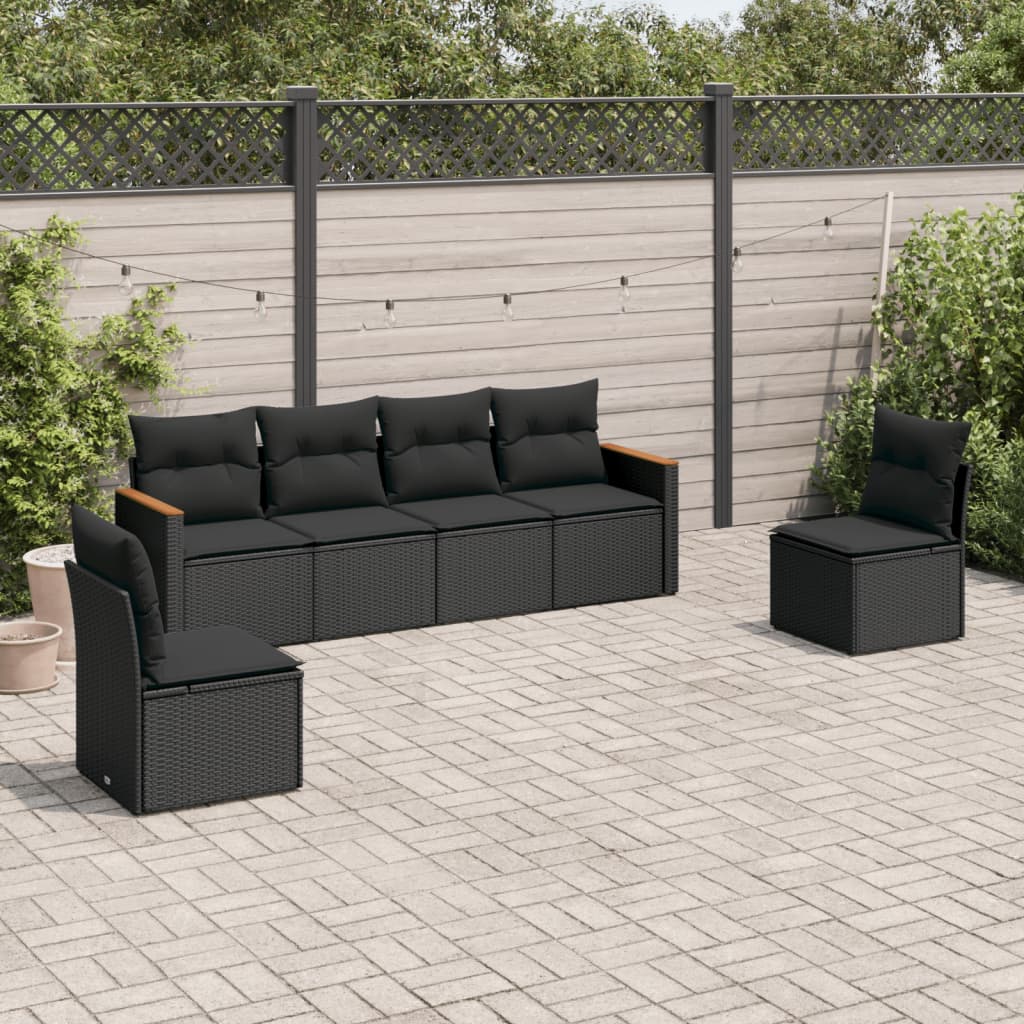 6-tlg. Garten-Sofagarnitur mit Kissen Schwarz Poly Rattan