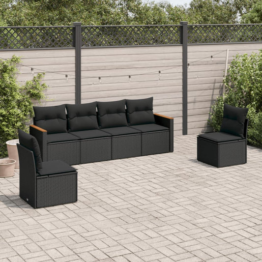 6-tlg. Garten-Sofagarnitur mit Kissen Schwarz Poly Rattan