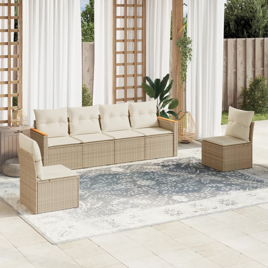 6-tlg. Garten-Sofagarnitur mit Kissen Beige Poly Rattan
