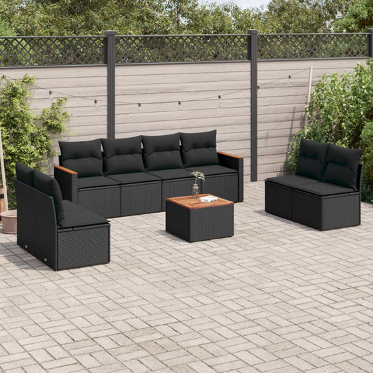 9-tlg. Garten-Sofagarnitur mit Kissen Schwarz Poly Rattan