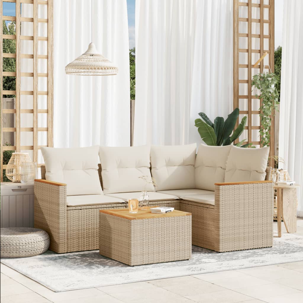 5-tlg. Garten-Sofagarnitur mit Kissen Beige Poly Rattan
