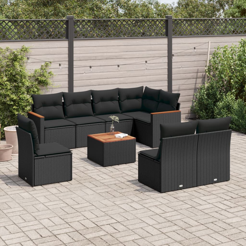 9-tlg. Garten-Sofagarnitur mit Kissen Schwarz Poly Rattan