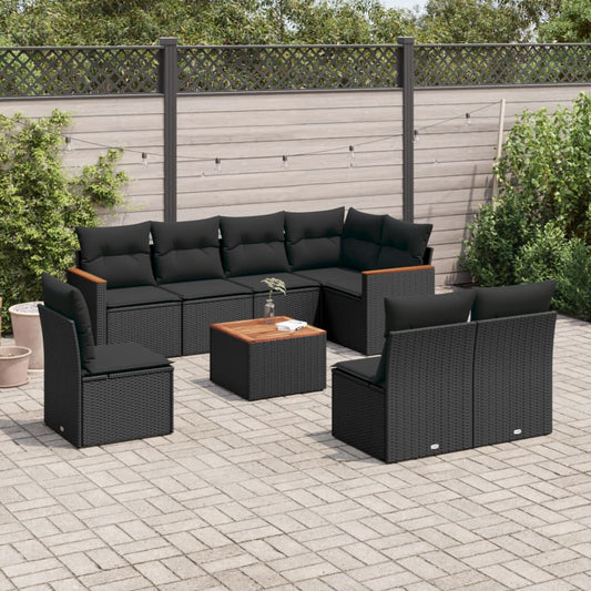 9-tlg. Garten-Sofagarnitur mit Kissen Schwarz Poly Rattan