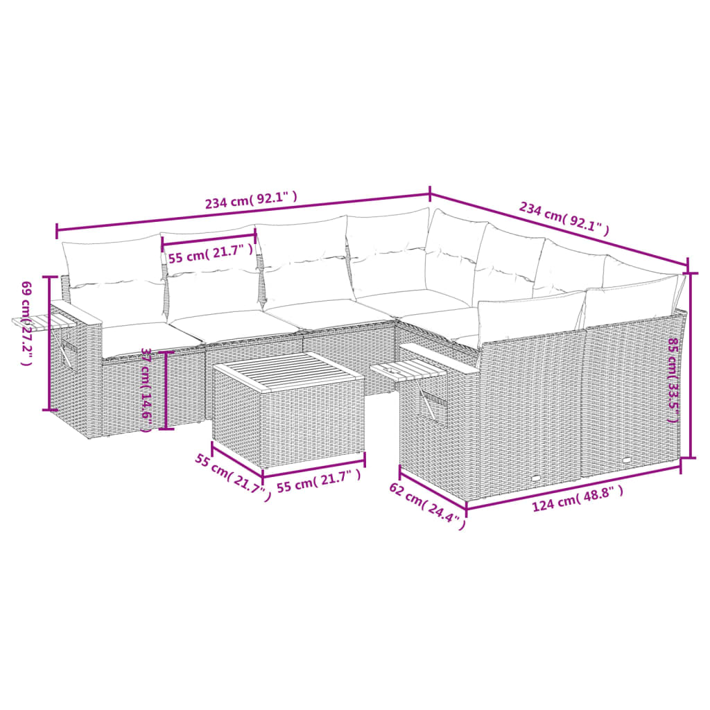 9-tlg. Garten-Sofagarnitur mit Kissen Schwarz Poly Rattan