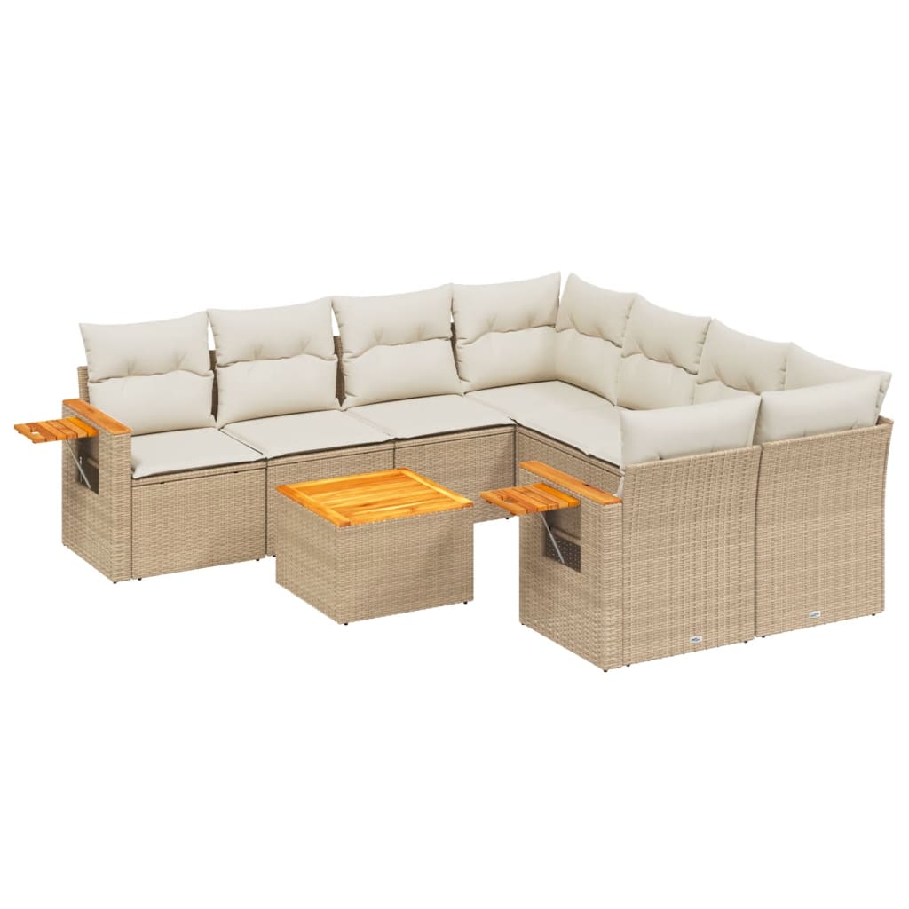9-tlg. Garten-Sofagarnitur mit Kissen Beige Poly Rattan