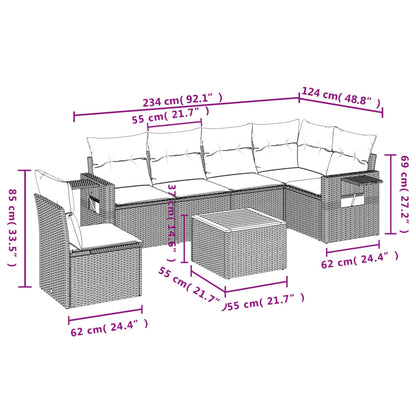 7-tlg. Garten-Sofagarnitur mit Kissen Grau Poly Rattan