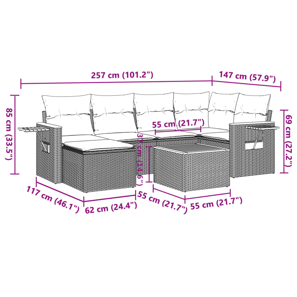 7-tlg. Garten-Sofagarnitur mit Kissen Grau Poly Rattan
