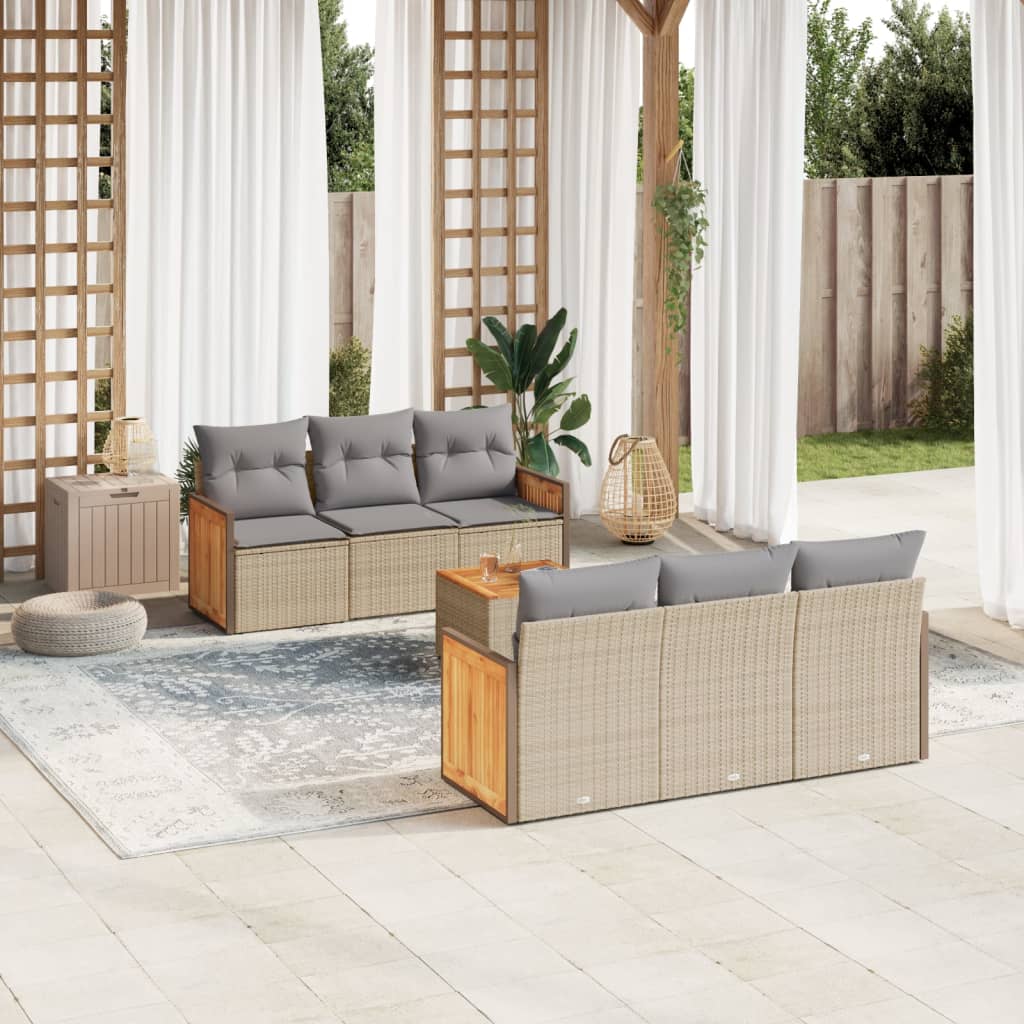 7-tlg. Garten-Sofagarnitur mit Kissen Beige Poly Rattan