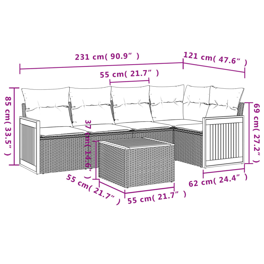 6-tlg. Garten-Sofagarnitur mit Kissen Grau Poly Rattan