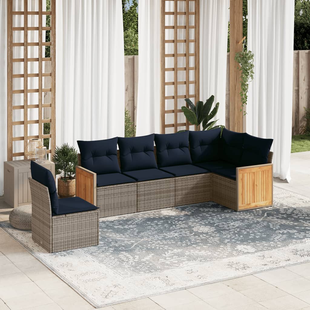 6-tlg. Garten-Sofagarnitur mit Kissen Grau Poly Rattan