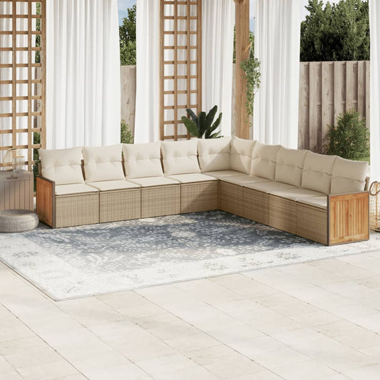 9-tlg. Garten-Sofagarnitur mit Kissen Beige Poly Rattan