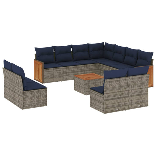 12-tlg. Garten-Sofagarnitur mit Kissen Grau Poly Rattan
