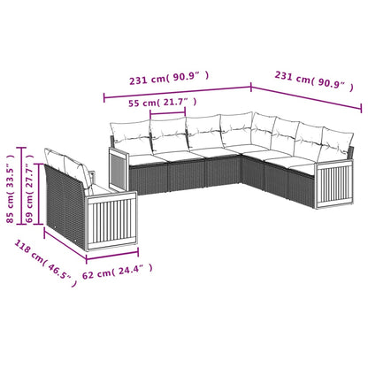 9-tlg. Garten-Sofagarnitur mit Kissen Schwarz Poly Rattan