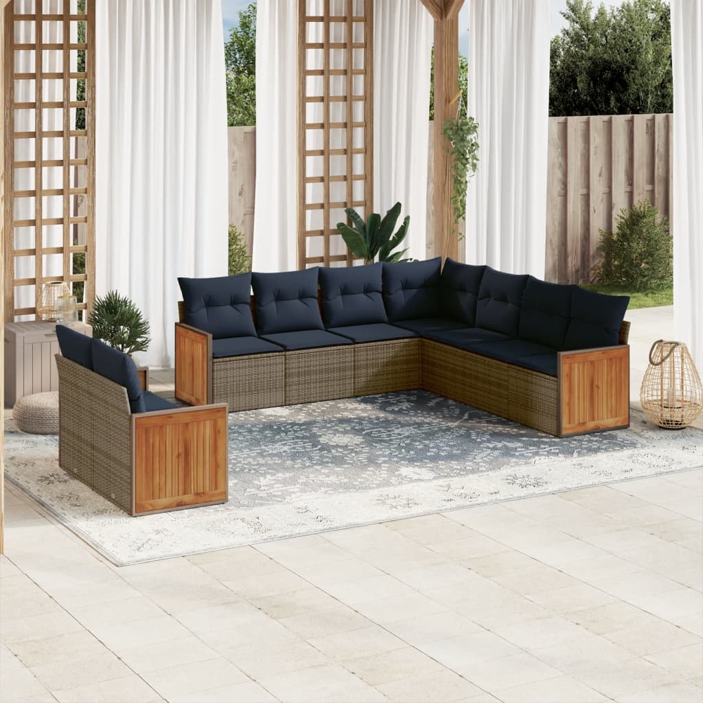 9-tlg. Garten-Sofagarnitur mit Kissen Grau Poly Rattan