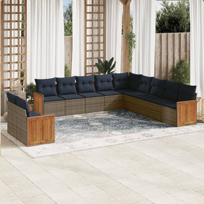 11-tlg. Garten-Sofagarnitur mit Kissen Grau Poly Rattan