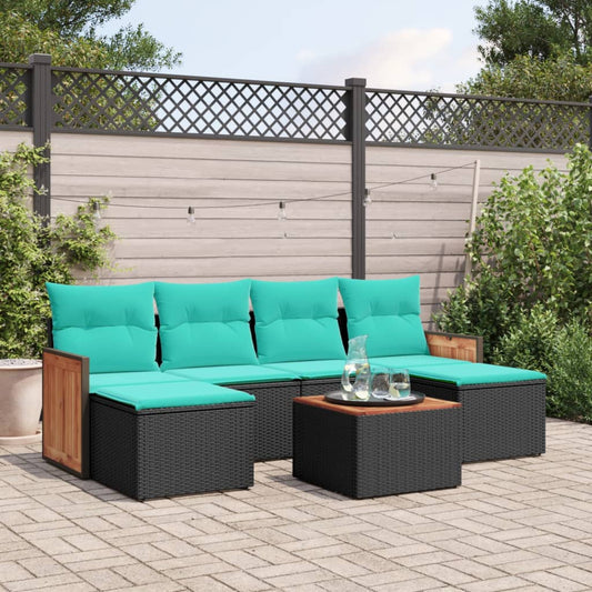 7-tlg. Garten-Sofagarnitur mit Kissen Schwarz Poly Rattan