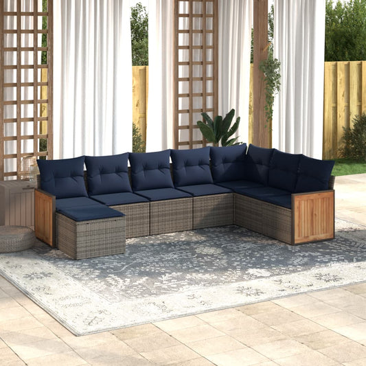 8-tlg. Garten-Sofagarnitur mit Kissen Grau Poly Rattan