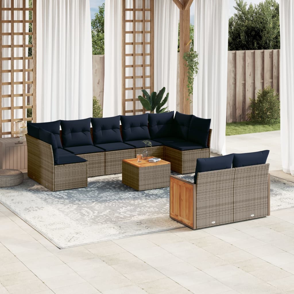 10-tlg. Garten-Sofagarnitur mit Kissen Grau Poly Rattan
