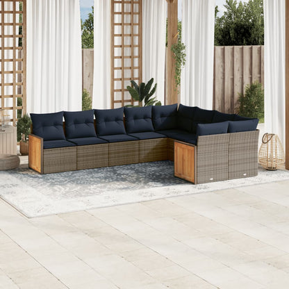 9-tlg. Garten-Sofagarnitur mit Kissen Grau Poly Rattan