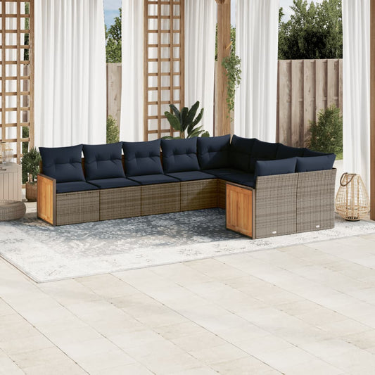 9-tlg. Garten-Sofagarnitur mit Kissen Grau Poly Rattan