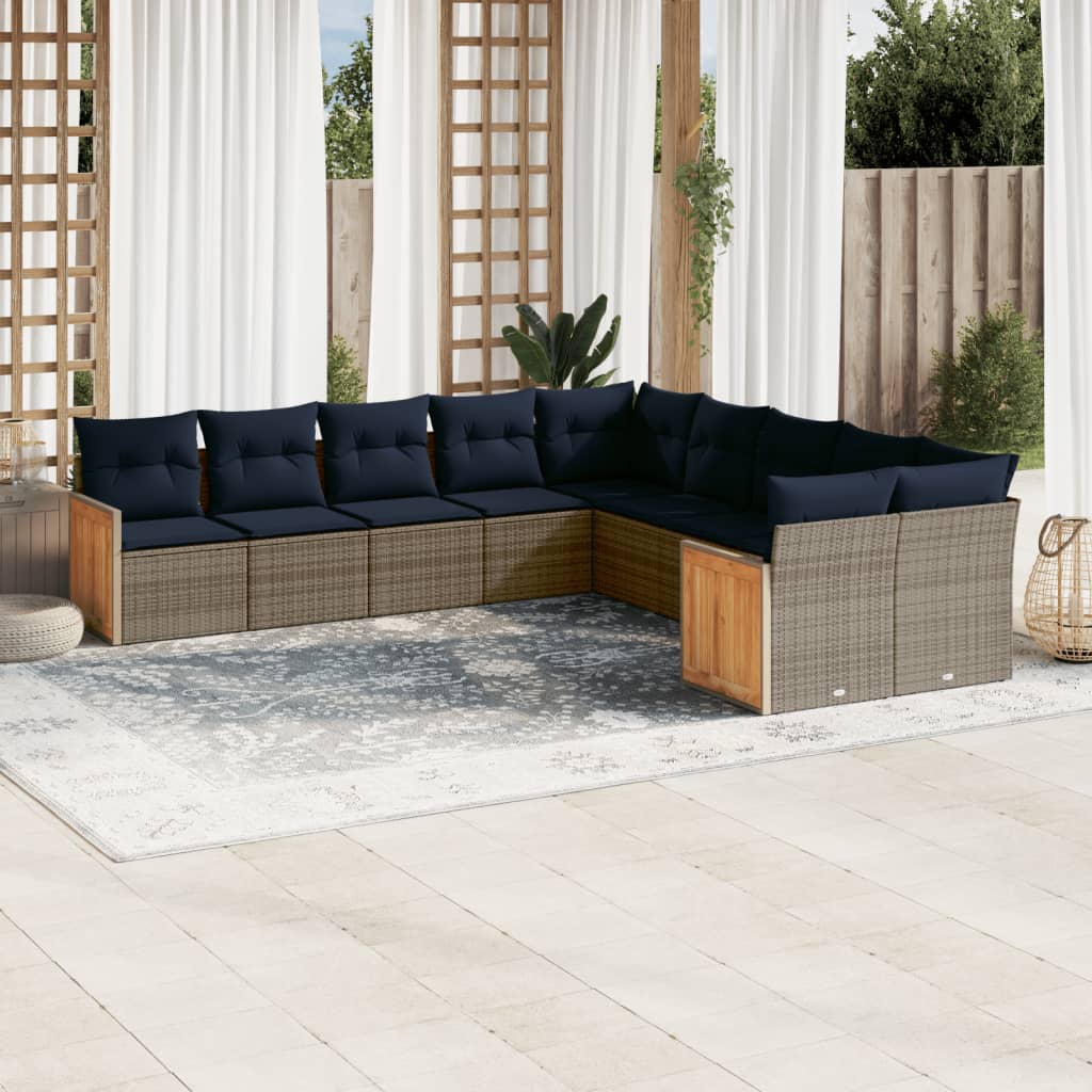 10-tlg. Garten-Sofagarnitur mit Kissen Grau Poly Rattan