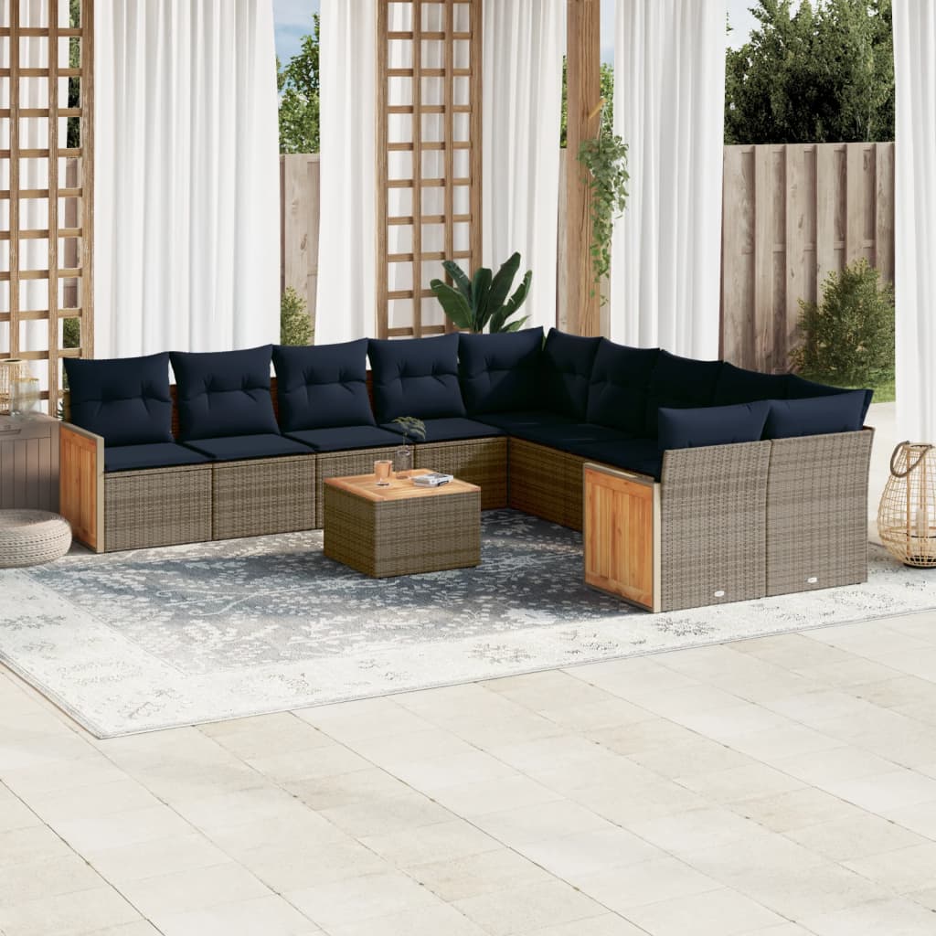 11-tlg. Garten-Sofagarnitur mit Kissen Grau Poly Rattan