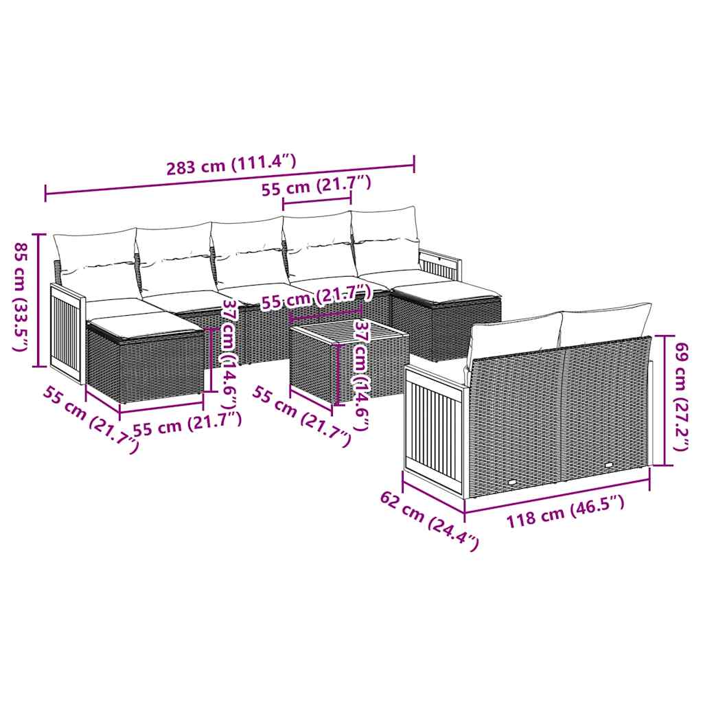 10-tlg. Garten-Sofagarnitur mit Kissen Schwarz Poly Rattan