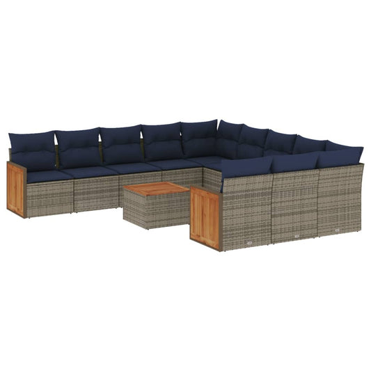 12-tlg. Garten-Sofagarnitur mit Kissen Grau Poly Rattan